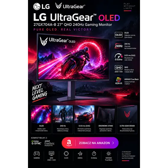 LG UltraGear 27GX790B 27inch OLED w/o TV 16:9 1.5M:1 275cd/m2 0.03ms Pivot No Speaker Plug and Play black