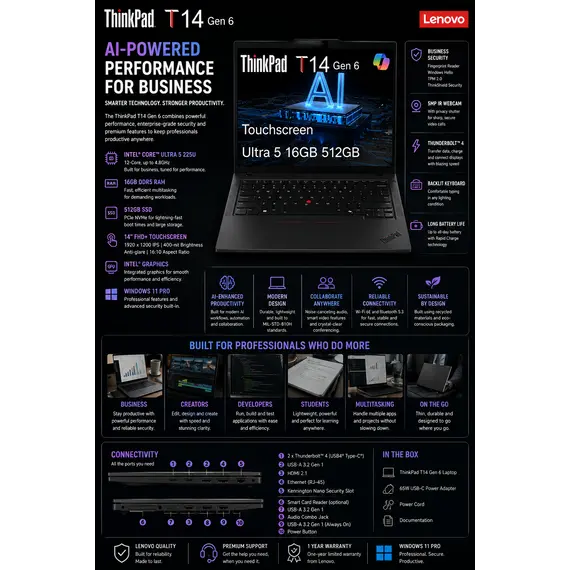 LENOVO Thinkpad T14s G6 Intel Core Ultra 7 255U 14inch WUXGA 32GB 512GB W11P 1Y Premier