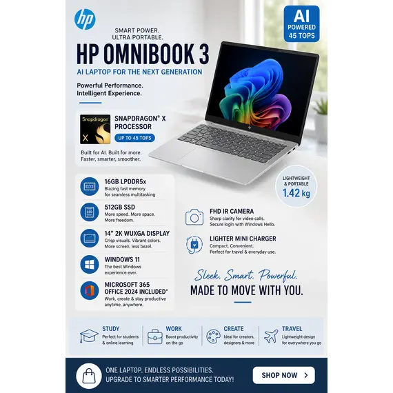 HP OmniBook 3 16-by0015npx Ryzen 7 160 16.0INCH 2K 16GB 512GB PCIe AMD Radeon 680M Graphics NoOS