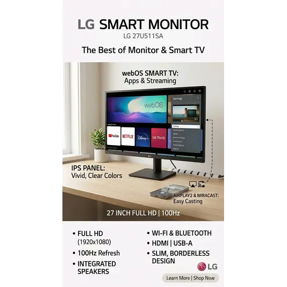 LG Smart 27U511SB 27inch LCD w/o TV 16:9 1500:1 250cd/m2 5ms No Pivot Speaker Plug and Play black