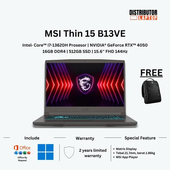 MSI THIN 15 B13VE-2843XPT 15.6INCH FHD I7-13620H 2X8GB 512GB NVIDIA RTX 4050-6GB