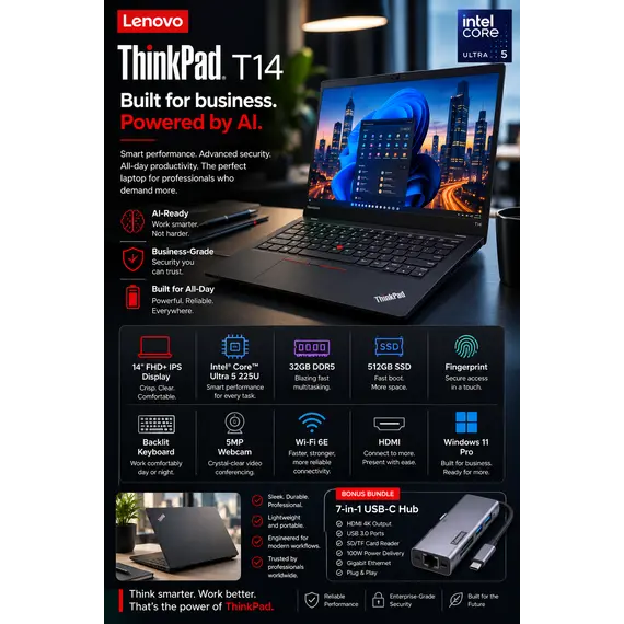 LENOVO Thinkpad T14 G7 IPL Intel Core Ultra 7 355 14inch WUXGA FHD 32GB 1TB W11P 1Y Carry In