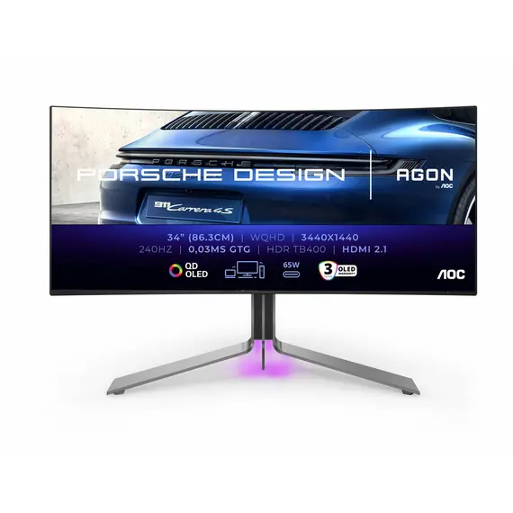 AOC AGON PRO PD34 Porsche Design - Monitor OLED - gaming - curvo - USB - 34" - 3440 x 1440 WQHD @ 240 Hz - 1000 cd/m² - 15000000:1 - DisplayHDR 400 Tr