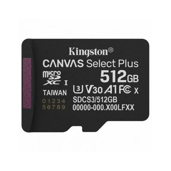 Tarjeta de Memoria Kingston CANVAS Select Plus 512GB microSD XC/ Clase 10/ 150MBs
