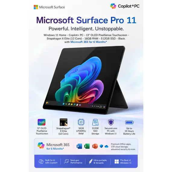 Microsoft Surface Pro for Business - 11th Edition - Copilot+ PC - tablet - Snapdragon X Elite - X1E-80-100 / até 4 GHz - Win 11 Pro - Qualcomm Adreno