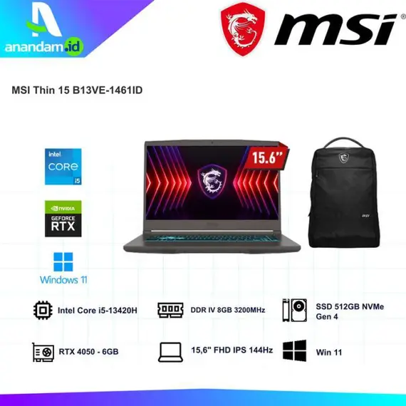 MSI THIN 15 B13VE-2841XPT 15.6INCH FHD I5-13420H 2X8GB 512GB NVIDIA RTX 4050-6GB