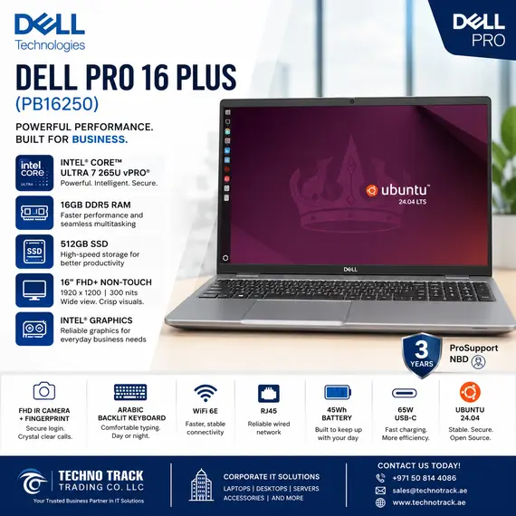 Dell Pro 16 PC16250 - AI PC - Intel Core 5 - 120U / até 5 GHz - Win 11 Pro - Intel Graphics - 16 GB RAM - 512 GB SSD NVMe - 16" IPS 1920 x 1200 (Full