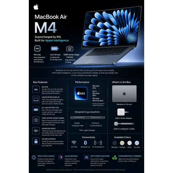 Apple MacBook Air - M4 - Apple M4 10-core - 24 GB RAM - 512 GB SSD - 13.6" IPS 2560 x 1664 (WQXGA) - Wi-Fi 6E, Bluetooth - meia noite - kbd: Português