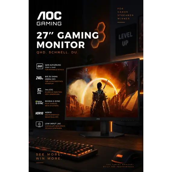 AOC Gaming Q27G42XE - Monitor LED - gaming - 27" - 2560 x 1440 QHD @ 180 Hz - Fast IPS - 300 cd/m² - 1000:1 - HDR10 - 0.5 ms - 2xHDMI, DisplayPort - a