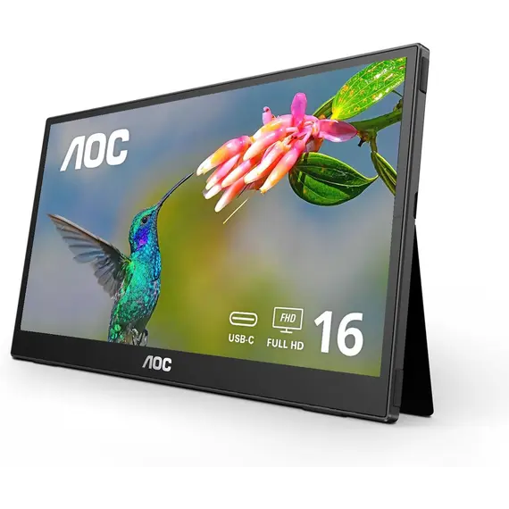 AOC 16T3EA - Monitor LED - 16" (15.6" visível) - portátil - 1920 x 1080 Full HD (1080p) @ 60 Hz - IPS - 250 cd/m² - 700:1 - 4 ms - USB-C - preto textu