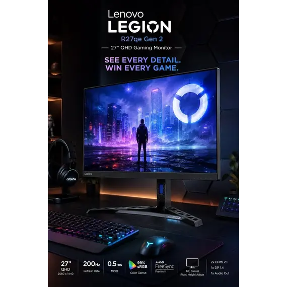 Lenovo Legion 27Q-11 - Monitor LED - 27" - 2560 x 1440 QHD @ 300 Hz - IPS - 300 cd/m² - 1000:1 - HDR10 - 0.5 ms - 2xHDMI, DisplayPort - preto lustroso