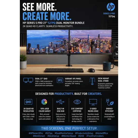 HP 527pq - Series 5 Pro - monitor LED - 27" - 2560 x 1440 QHD - IPS - 350 cd/m² - 1500:1 - 5 ms - HDMI, DisplayPort - preto jacto, preto e prateado (s