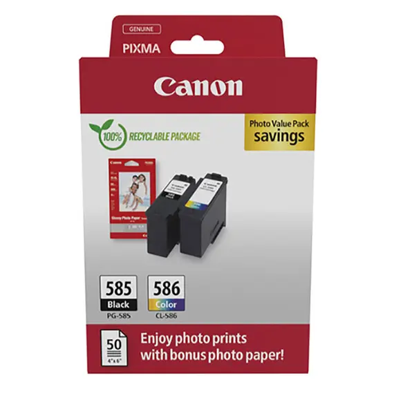 Canon PG-585/CL-586 Photo Value Pack - Pack de 2 - preto, cor (ciano, magenta, amarelo) - caixa pendurada - kit de tinteiro / papel - para PIXMA TS765
