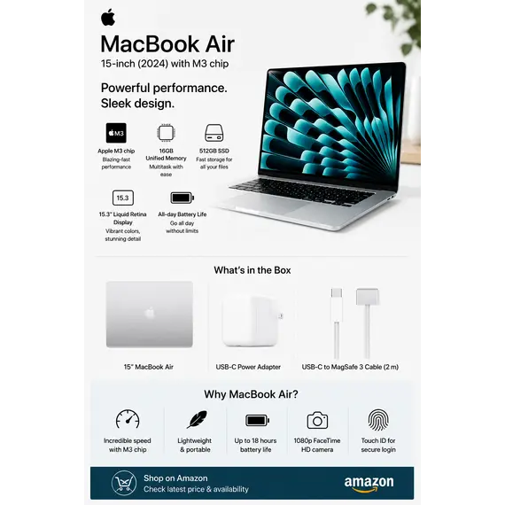 Apple MacBook Air - M3 - M3 10-core GPU - 24 GB RAM - 512 GB SSD - 15.3" IPS 2880 x 1864 (WQXGA+) - Wi-Fi 6E, Bluetooth - prata - kbd: Português