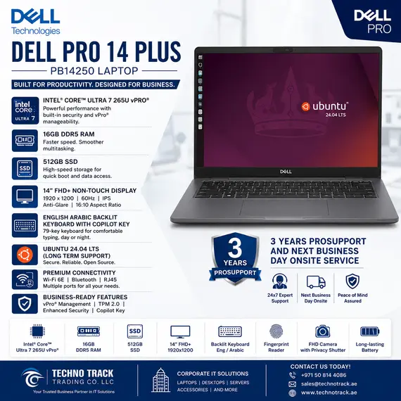 Dell Pro 14 Plus PB14250 - Copilot+ PC - Intel Core Ultra 7 - 266V / até 5 GHz - vPro Enterprise - Win 11 Pro - Intel Arc Graphics 140V - 16 GB RAM