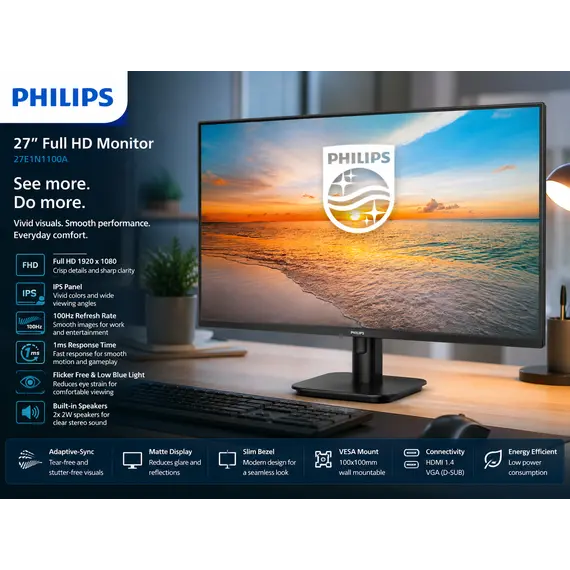 Philips 24B2G5301 - 5000 Series - monitor LED - USB - 24" - 1920 x 1080 Full HD (1080p) @ 100 Hz - IPS - 1500:1 - HDMI, VGA, DisplayPort, USB-C - alti