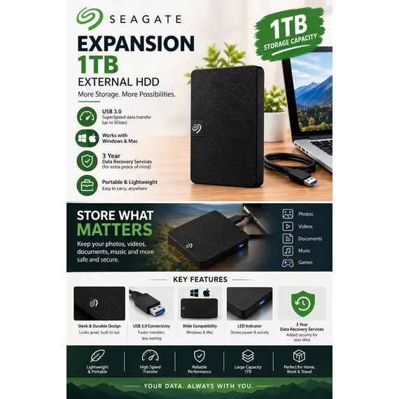 SEAGATE Expansion Portable 1TB HDD USB3.0 2.5inch Includes Rescue and software RTL extern