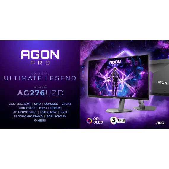 AOC AGON PRO AG276UZD - Monitor OLED - gaming - 27" (26.5" visível) - 3840 x 2160 4K UHD (2160p) @ 160 Hz - 1000 cd/m² - 1500000:1 - DisplayHDR 400 Tr