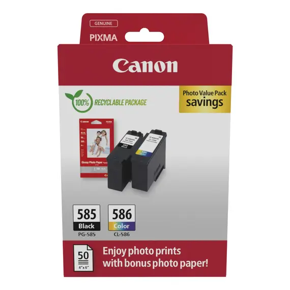 Canon PG-585XL/CL-586XL Photo Value Pack - Pack de 2 - Alto Rendimento - preto, cor (ciano, magenta, amarelo) - caixa pendurada - kit de tinteiro / pa