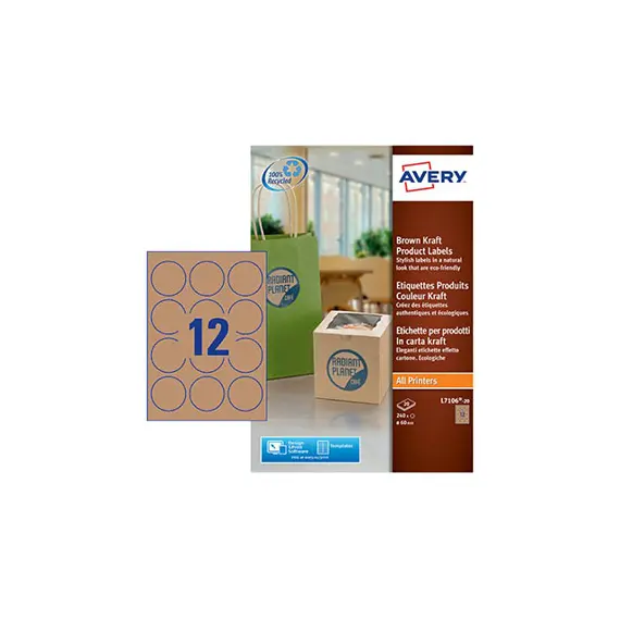 Etiquetas Redondas 60mm Kraft Avery 20 Folhas Castanho 240un