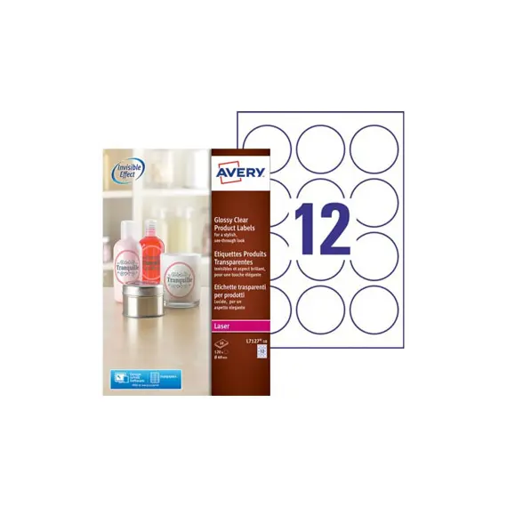 Etiquetas Redondas 60mm Glossy Avery 10Fls Transp. 120un