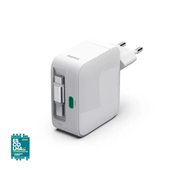 Carregador USB-C 2 Portas GaN 65W c/ Cabo Extensível Branco